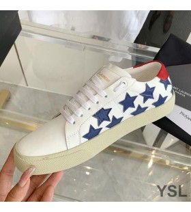 Yves Saint Laurent Chúirt Clasaiceach Sneakers I Réaltaí Bróidnithe Leathar Bán/Gorm