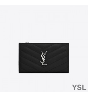 Yves Saint Laurent Blúirí Zipped Sparán Bifold I Grained Matelasse Leathar Dubh/Silver