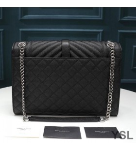 Yves Saint Laurent Mór Clúdach Slabhra Mála Measctha Grained Matelasse Leathar Dubh/Silver