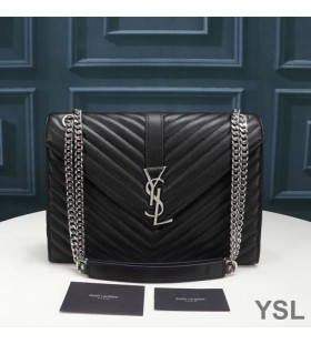 Yves Saint Laurent Mór Clúdach Slabhra Mála I Textured Matelasse Leathar Dubh/Silver