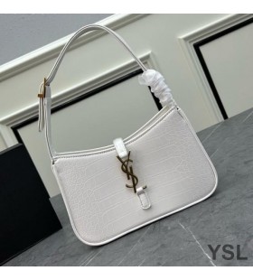 Yves Saint Laurent Le 5 A 7 Hobo Bag In Crocodile-Embossed Shiny Leather White/Gold