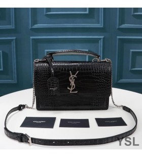 Yves Saint Laurent Meánach Luí Na Gréine Satchel I Crogall-Cabhraithe Lonracha Leathair Dubh/Silver