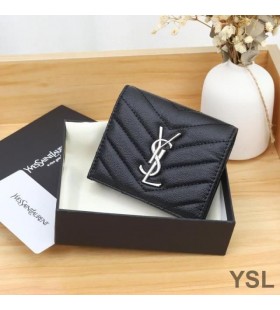 Yves Saint Laurent Monogram Flap Cás Cárta I Grained Matelasse Leathar Dubh/Silver