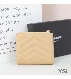 Yves Saint Laurent Monogram Zipped Bifold Card Case In Grained Matelasse Leather Apricot/Gold