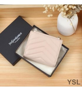 Yves Saint Laurent Monogram Zipped Bifold Cás Cárta I Grained Matelasse Leathar Pink/Óir