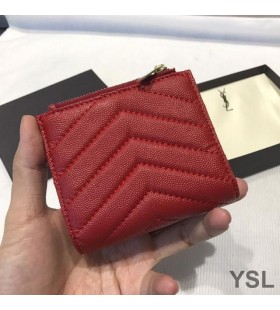 Yves Saint Laurent Monogram Zipped Bifold CÃ¡s CÃ¡rta I Grained Matelasse Leathar Red/Gold