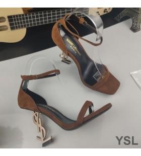 Yves Saint Laurent Opyum Sandals In Suede with Gold Heel Brown