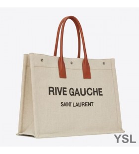 Yves Saint Laurent Bhruach Na Láimhe Clé Tote I Línéadaigh Agus Leathar Beige