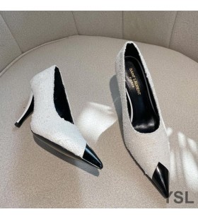 Yves Saint Laurent Vesper Caidéil I Tweed agus Leathair Bán