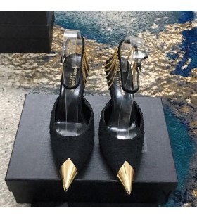 Yves Saint Laurent Vesper Slingback Pumps In Tweed and Leather with Sling Chains Black/Gold