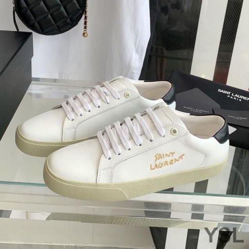 Yves Saint Laurent Tennis Classic Sneakers In Pelle Ricamata d'Oro con Logo Bianco/Nero