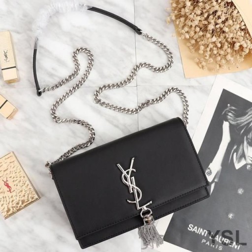 Yves Saint Laurent Kate Catena Portafoglio con Fiocco In Pelle Nero/Argento