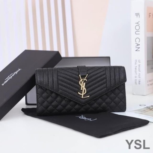Yves Saint Laurent Grande Busta Flap Wallet In Misto Granulare Matelasse Leather Nero/Oro