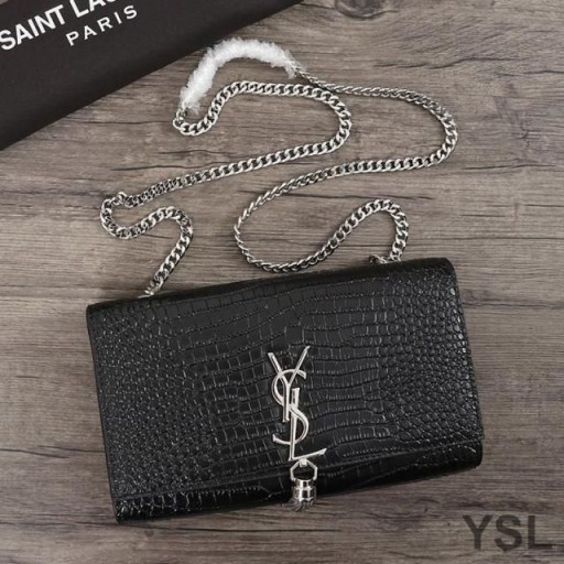 Yves Saint Laurent Media Kate Catena Borsa con Fiocco In Coccodrillo Goffrato Pelle Lucida Nero/Argento