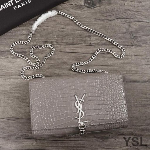 Yves Saint Laurent Media Kate Catena Borsa con Fiocco In Coccodrillo Goffrato Pelle Lucida Grigio/Argento