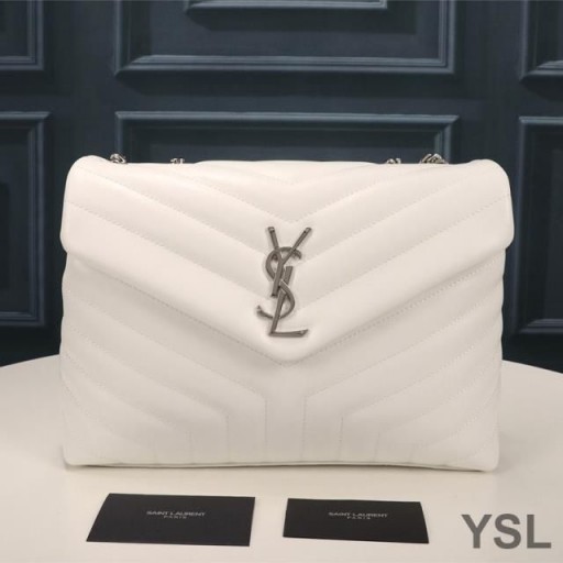Yves Saint Laurent Media Loulou Chain Bag Y Matelasse Leather Bianco/Argento