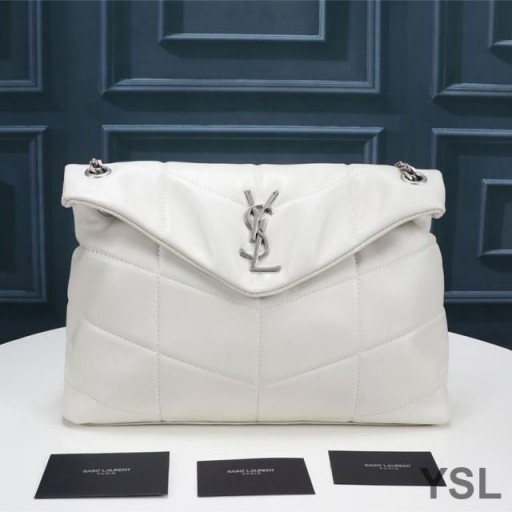 Yves Saint Laurent Media Loulou Puffer Borsa Trapuntata In Pelle Di Agnello Bianco/Argento