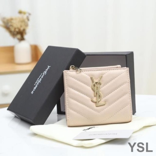 Yves Saint Laurent Monogram Zip Bifold Carta Di Caso In Grana Matelasse In Pelle Rosa/Oro