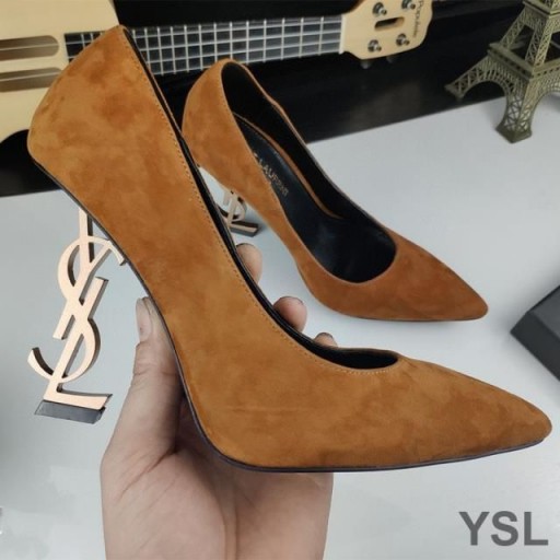 Yves Saint Laurent Opyum Pompe di Camoscio d'Oro con Tacco Marrone