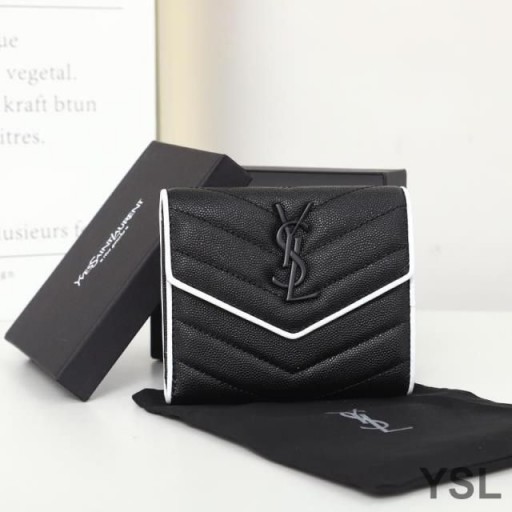 Yves Saint Laurent Piccolo Busta A Tre Ante Portafoglio In Misto Granulare Matelasse Leather Nero/Bianco