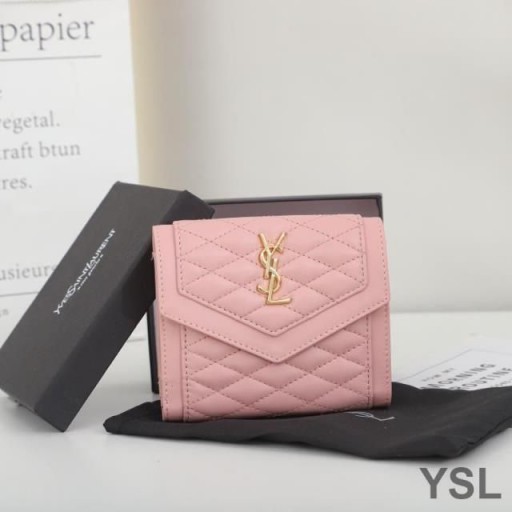 Yves Saint Laurent Piccolo Gaby A Tre Ante Portafoglio Trapuntato In Pelle Di Agnello Rosa/Oro