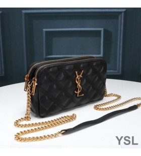 Yves Saint Laurent Becky Doppia Zip Sacchetto Di Diamante Trapuntato In Pelle Di Agnello Nero/Oro