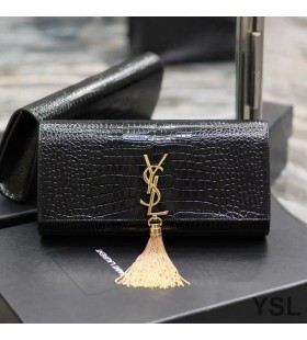 Yves Saint Laurent Kate Clutch con Fiocco In Coccodrillo Goffrato Pelle Nero/Oro
