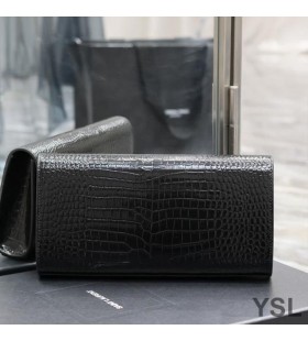 Yves Saint Laurent Kate Clutch con Fiocco In Coccodrillo Goffrato Pelle Nero/Argento