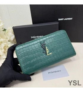 Yves Saint Laurent Grande Cassandra Decostruire Zip Intorno Portafoglio In Coccodrillo Goffrato Pelle Verde