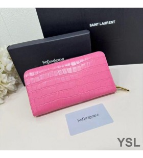Yves Saint Laurent Grande Cassandra Decostruire Zip Intorno Portafoglio In Coccodrillo Goffrato Pelle Rosa