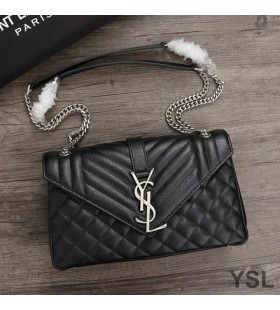 Yves Saint Laurent Media College Chain Bag In Pelle Texture Mista In Pelle Matelasse Nero/Argento