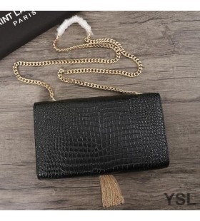 Yves Saint Laurent Media Kate Catena Borsa con Fiocco In Coccodrillo Goffrato Pelle Lucida Nero/Oro