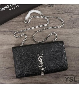 Yves Saint Laurent Media Kate Catena Borsa con Fiocco In Coccodrillo Goffrato Pelle Lucida Nero/Argento