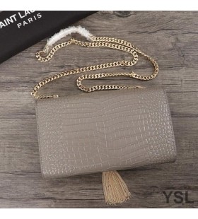 Yves Saint Laurent Media Kate Catena Borsa con Fiocco In Coccodrillo Goffrato Pelle Lucida Grigio/Oro