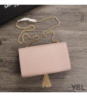 Yves Saint Laurent Media Kate Catena Borsa con Fiocco In Coccodrillo Goffrato Pelle Lucida Rosa/Oro