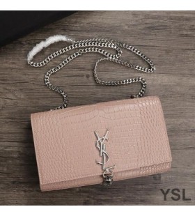 Yves Saint Laurent Media Kate Catena Borsa con Fiocco In Coccodrillo Goffrato Pelle Lucida Rosa/Argento