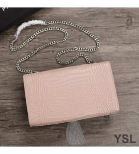 Yves Saint Laurent Media Kate Catena Borsa con Fiocco In Coccodrillo Goffrato Pelle Lucida Rosa/Argento