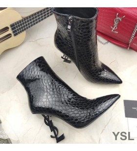 Yves Saint Laurent Opyum Ankle Boots In Pietra Di Grano In Pelle Nera Con Tacco Nero