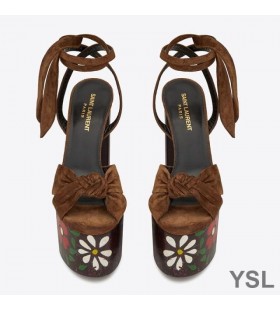 Yves Saint Laurent Paige Piattaforma Sandali In Pelle Scamosciata Con Motivo Floreale Marrone
