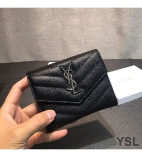 Yves Saint Laurent Piccolo Busta A Tre Ante Portafoglio In Grana In Pelle Matelasse Nero/Argento