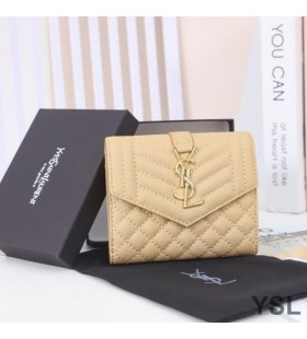 Yves Saint Laurent Piccolo Busta A Tre Ante Portafoglio In Misto Granulare Matelasse Leather Albicocca/Oro