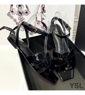 Yves Saint Laurent Tribute Sandali Flat In Pelle Verniciata Nera