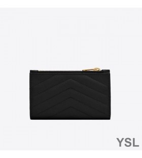 イヴ-サンローランの断片がZip形式で圧縮Bifold財布、粒度のMatelasse黒革/ゴールド