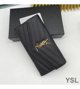 イヴ-サンローランの大型フラップモノグラム財布、粒度のMatelasse黒革/ゴールド