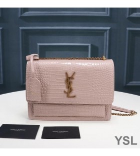 Yves Saint Laurent Medium Sunset Chain Bag In Crocodile Embossed Leather Pink/Gold