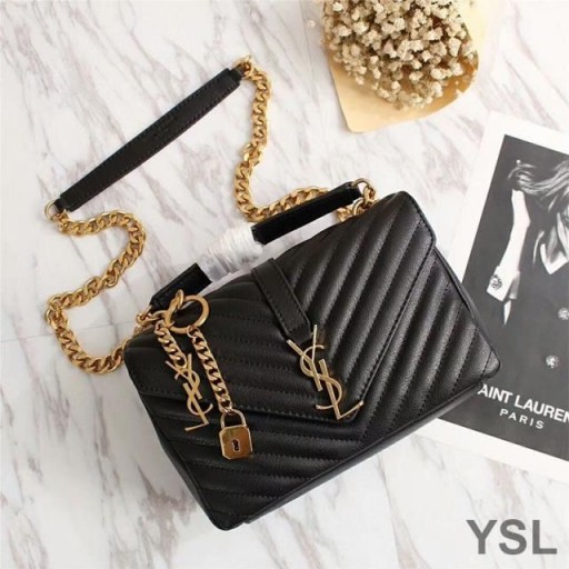 Yves Saint Laurent Middels Klassiske College Kjede Bag I Matelasse Skinn Sort/Gull