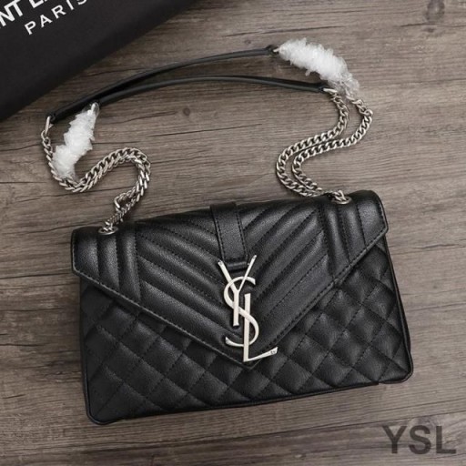 Yves Saint Laurent Middels College Kjede Bag I Strukturert Blandet Matelasse Skinn Sort/Sølv