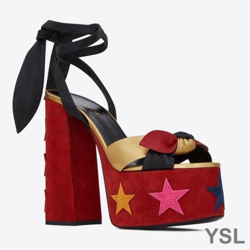 Yves Saint Laurent Paige Platform Sandals In Suede With Stars Patchwork Red