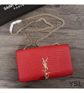 Yves Saint Laurent Middels Kate Kjede Pose med Dusk I Krokodille Preget Skinnende Skinn Rød/Gull