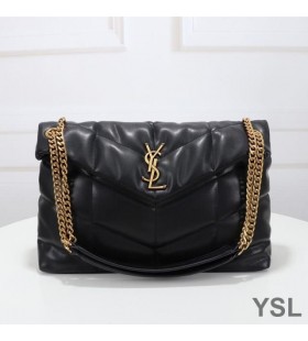 Yves Saint Laurent Middels Loulou Puffer Bag I Vattert Lammeskinn Svart/Gull